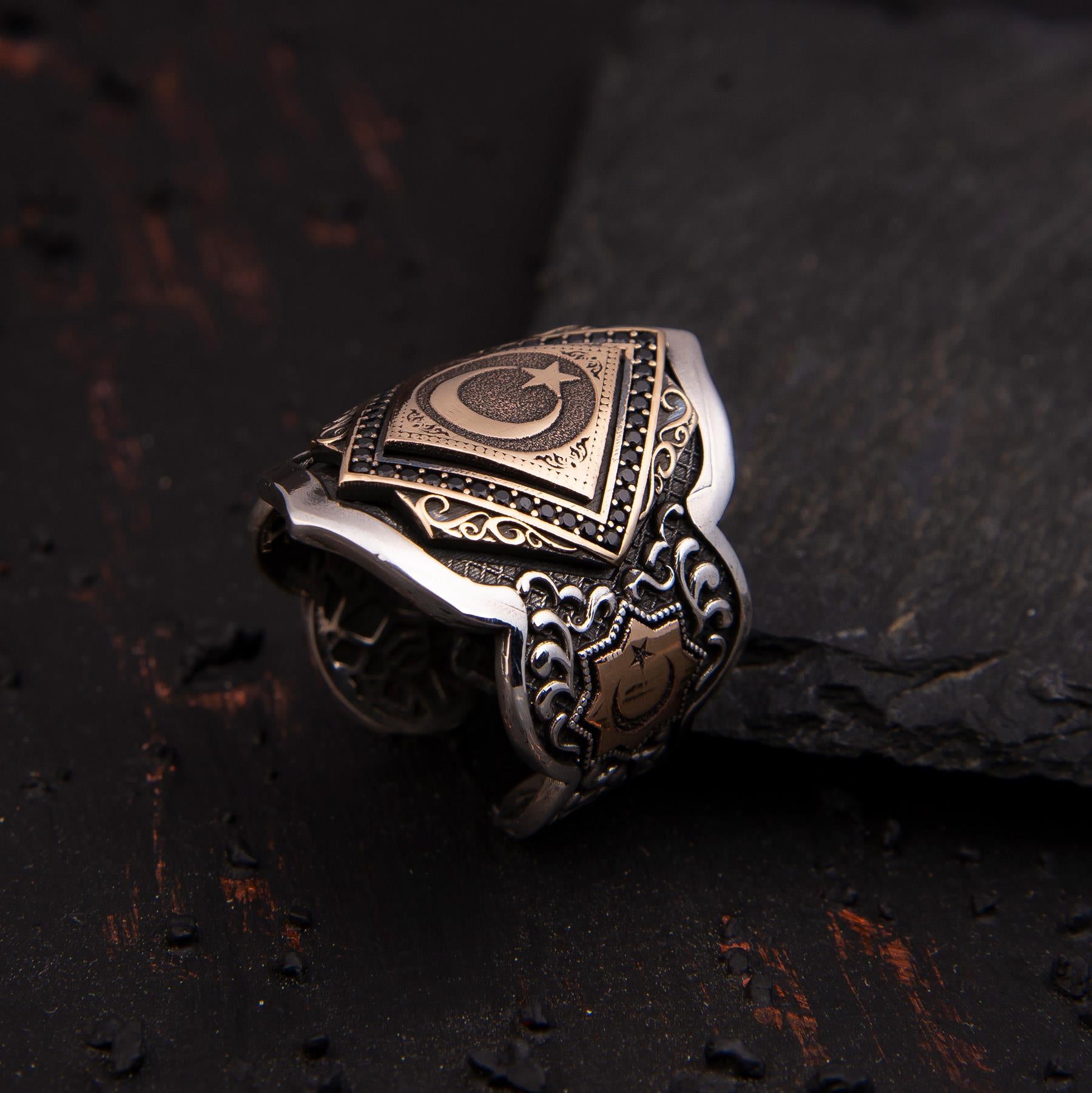 Black Onix Detailed Crescent and Star Zihgir Model Silver Ring 3