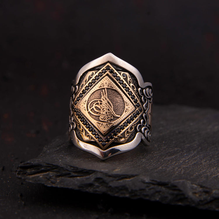 Ve Tesbih Black Onix Stone Detailed Tuğra Zihgir Model Silver Ring 2