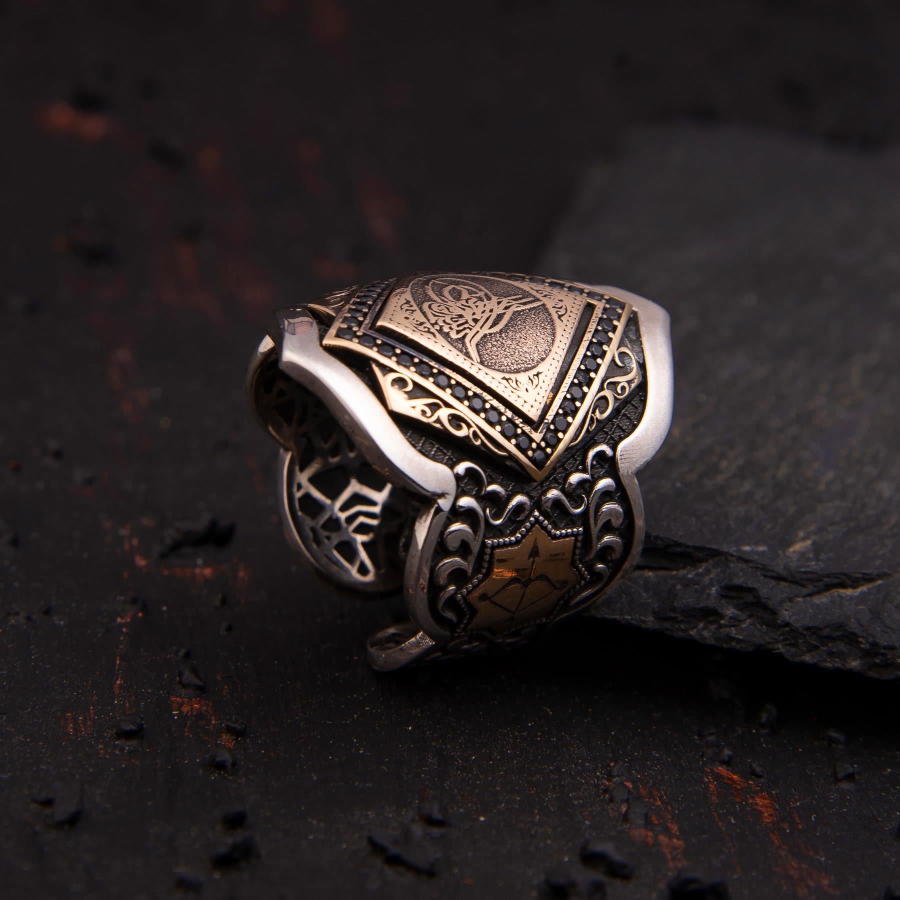 Ve Tesbih Black Onix Stone Detailed Tuğra Zihgir Model Silver Ring 3