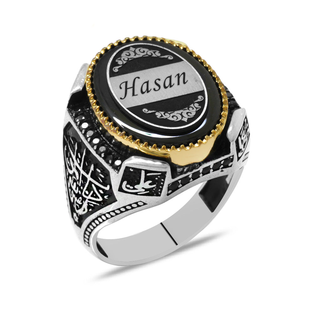 925 Sterling Silver Men's Ring with Black Pressed Amber Stone&Personalized Name/Letters