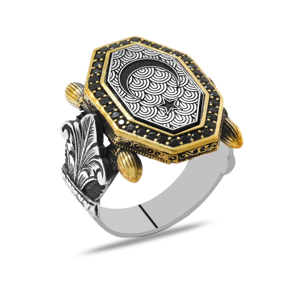 Silver Men Ring with Black Zircon and Star and Crescent Motif