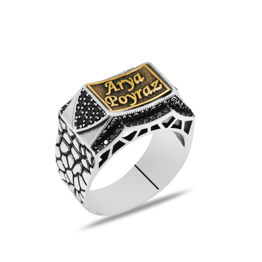 925 Sterling Silver Men's Ring with Black Zircon Stone Set and Personalized Name Written