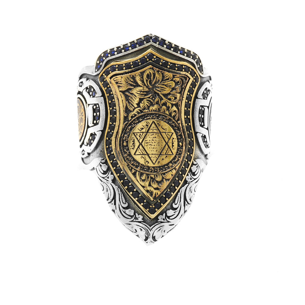 Silver Ring with Black Zircon and Embroidered Seal of Solomon