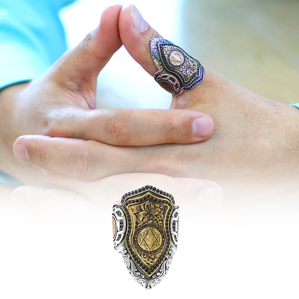 Silver Ring with Black Zircon and Embroidered Seal of Solomon