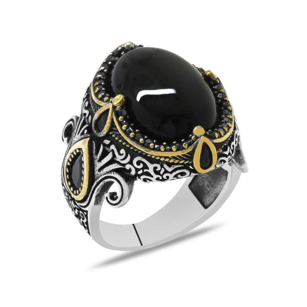 Black Zircon Stone Decorated Ethnic Design Onyx Stone 925 Sterling Silver Men's Ring