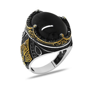 Black Zircon Stone Decorated King Crown Design Onyx Stone 925 Sterling Silver Men's Ring