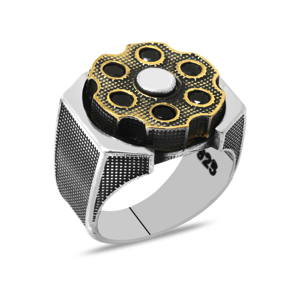 Black Zircon Stone Rotating Wheel Design Sterling Silver Men Ring