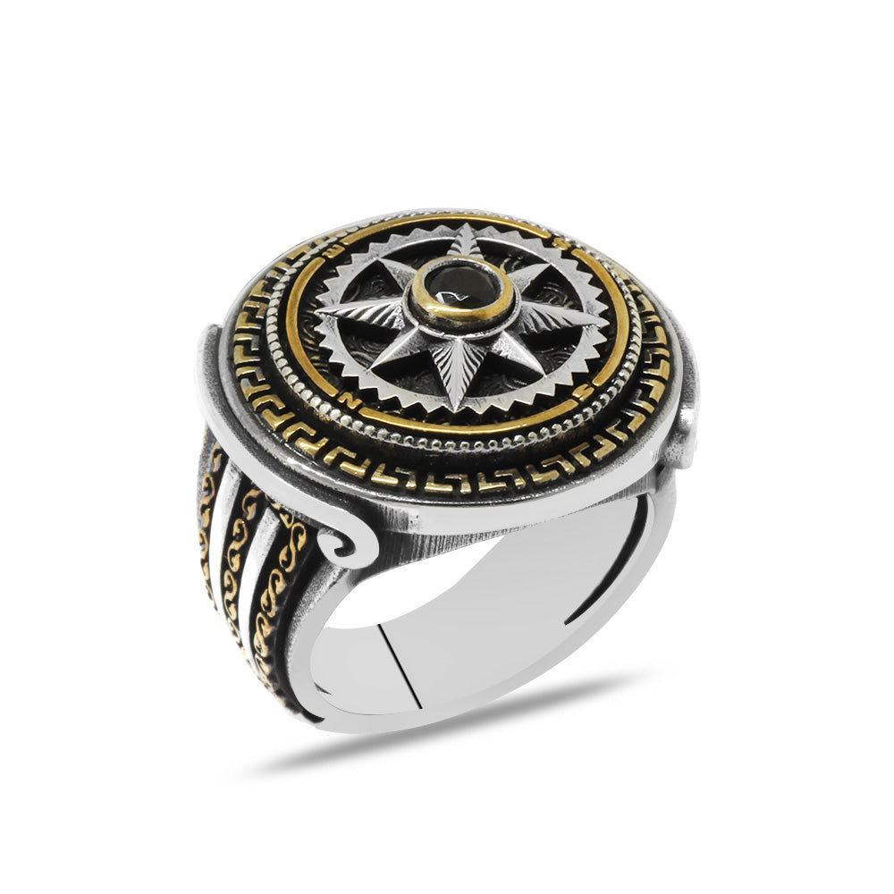 Black Zircon Stone Rotating Wheel Design Silver Men Ring