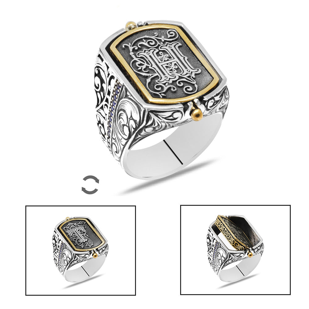 925 Sterling Silver Men's Ring with Black Zircon Stone and Double-Sided Personalized Letters