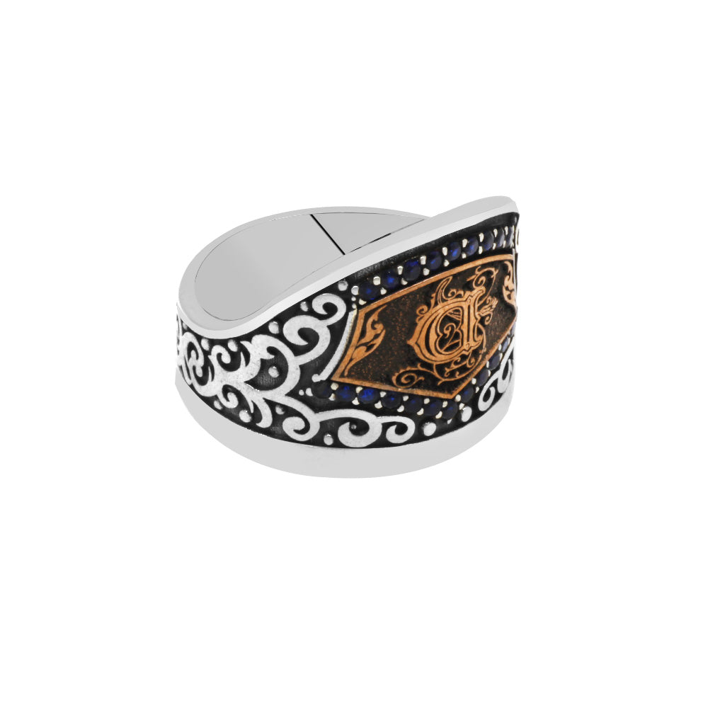 925 Sterling Silver Men's Archer (Zihgir) Ring with Black Zircon Stone and Personalized Letters.