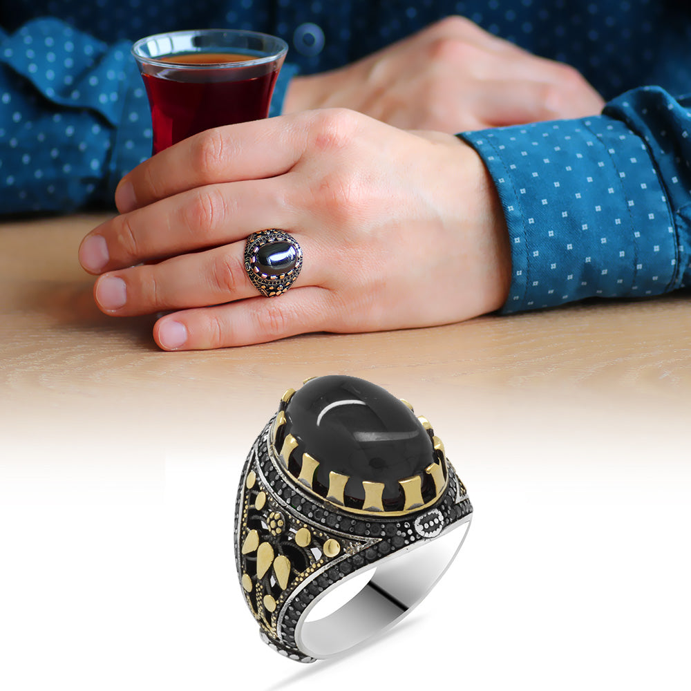 Oval 925 Sterling Silver Men's Ring with Black Zircon Stone