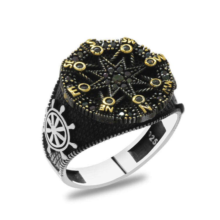 Black Zircon Stone Compass Design 925 Sterling Silver Men's Ring with Anchor & Ship Wheel Detail on the Sides