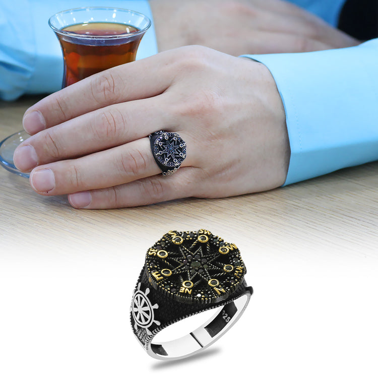 Black Zircon Stone Compass Design 925 Sterling Silver Men's Ring 