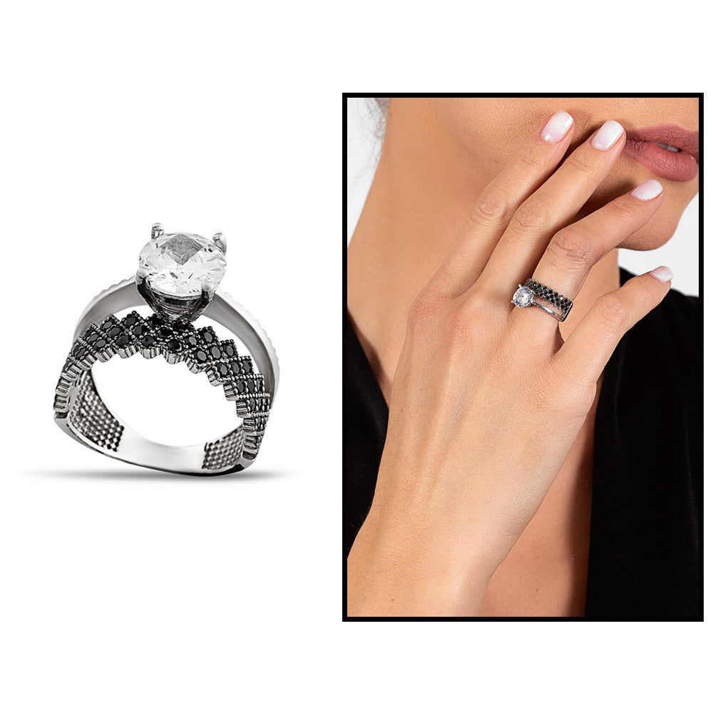 Black Zircon Stone Crown Design 925 Sterling Silver Women's Solitaire Ring