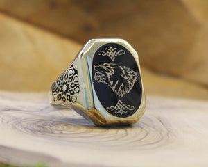 Silver Men's Ring with Name and Picture and Enameled Corners