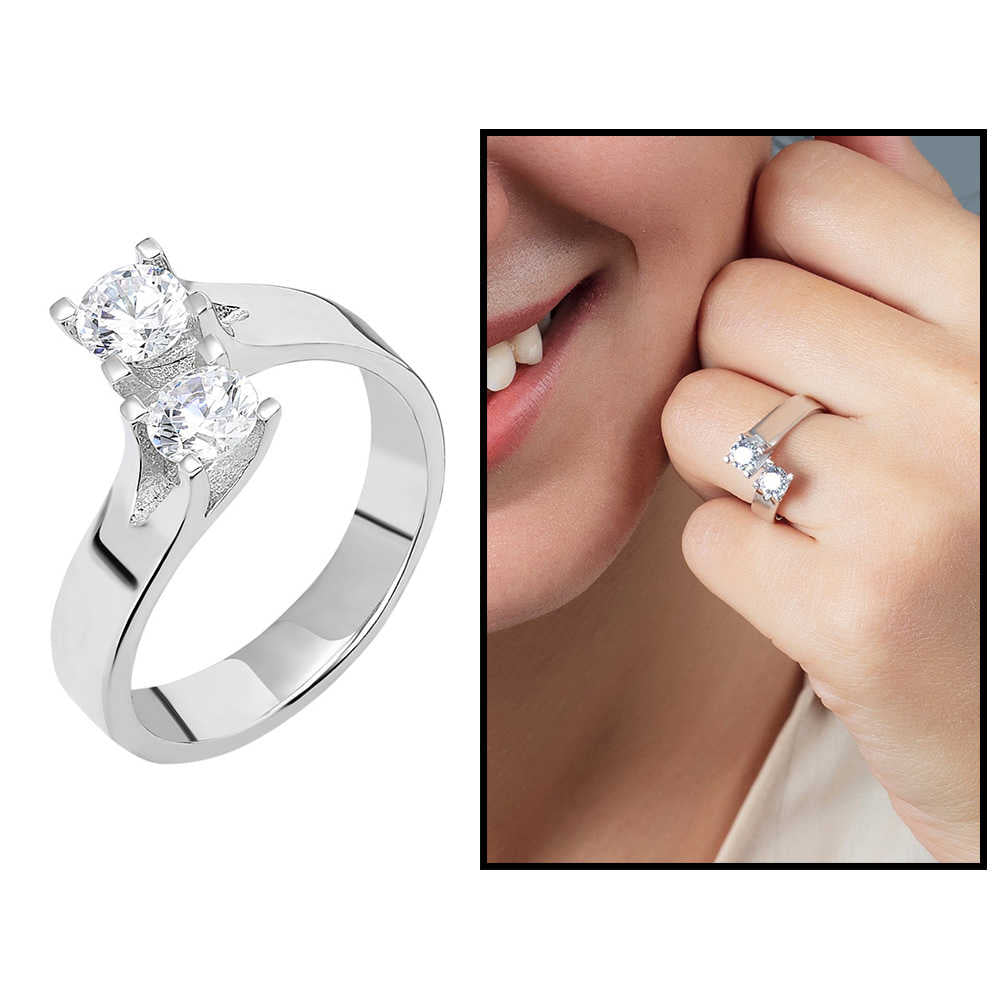 Starlight Diamond Diamond Mounted Asymmetrical 925 Sterling Silver Women&#39;s Double Stone Ring