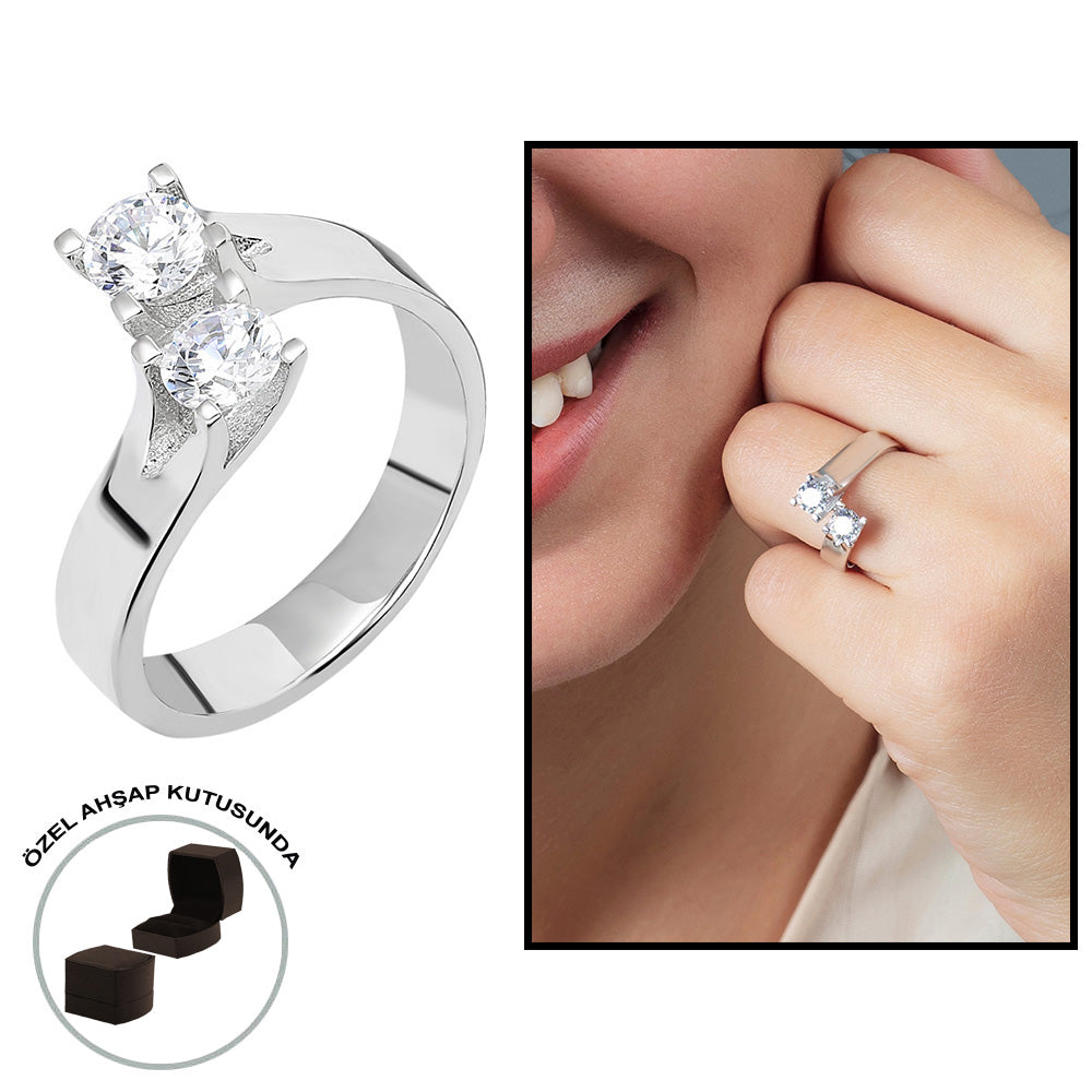 Starlight Diamond Diamond Mounted Asymmetrical 925 Sterling Silver Women&#39;s Double Stone Ring