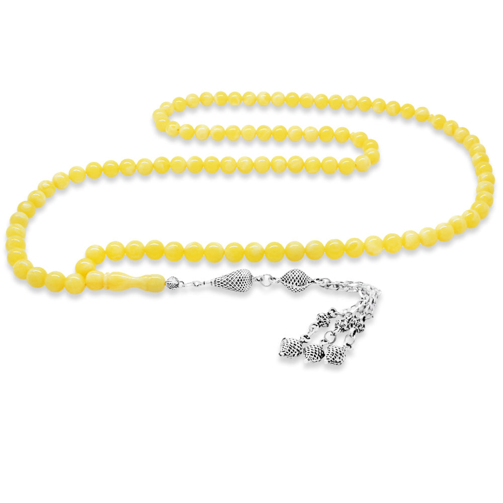 Filigree Design Gurmet Chain Tarnish-Free Metal Tasseled Sphere Cut 99 Beirut Amber Prayer Beads