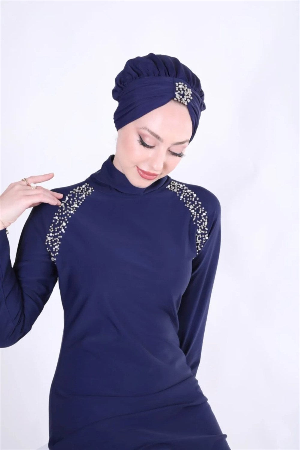 Hijab Swimsuit Set with Stone Shoulder - Navy Blue