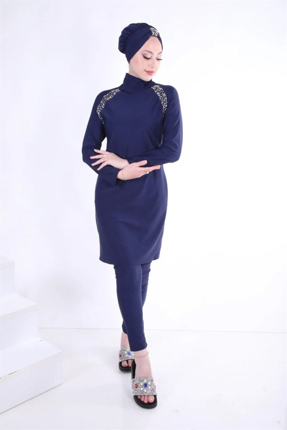 Hijab Swimsuit Set with Stone Shoulder - Navy Blue
