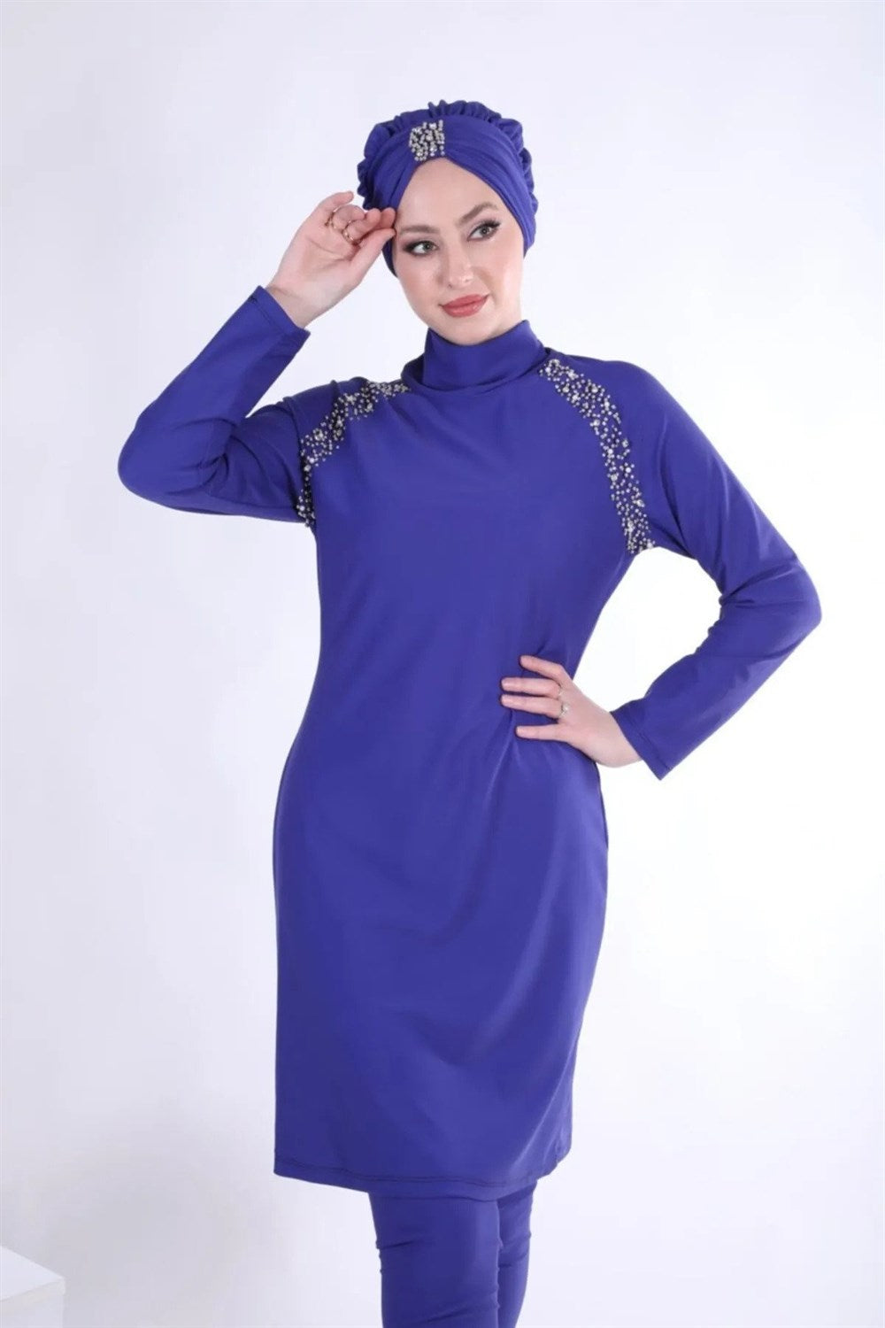 Hijab Swimsuit Set with Stones on the Shoulder - Blue