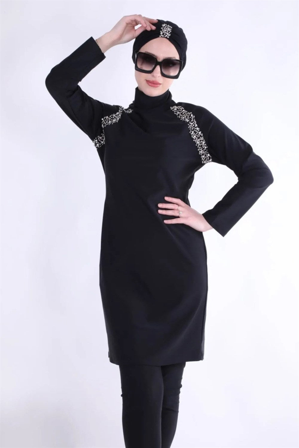 Hijab Swimsuit with Stone Shoulders - Black
