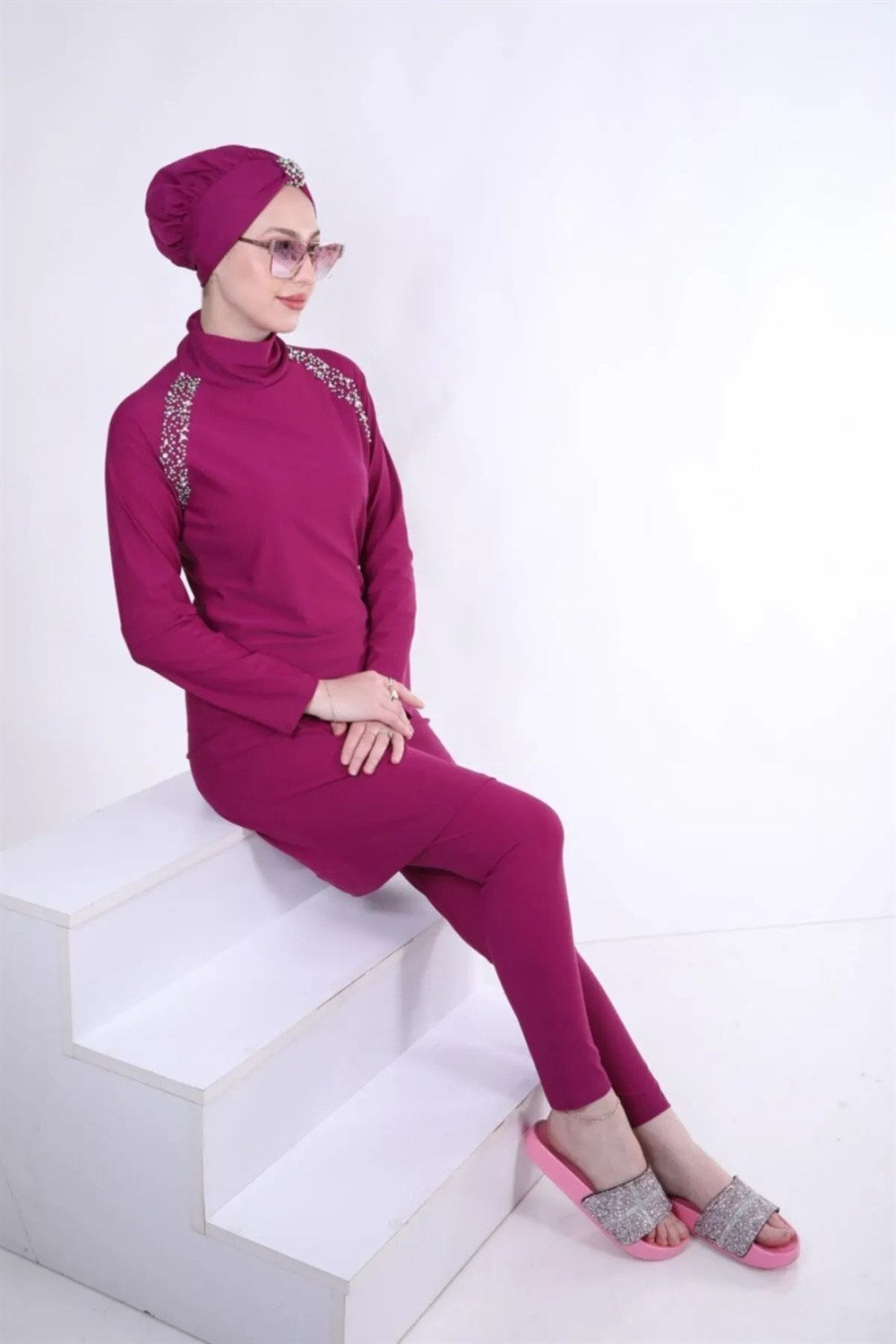 Hijab Swimsuit Set with Stones on the Shoulder - Cherry