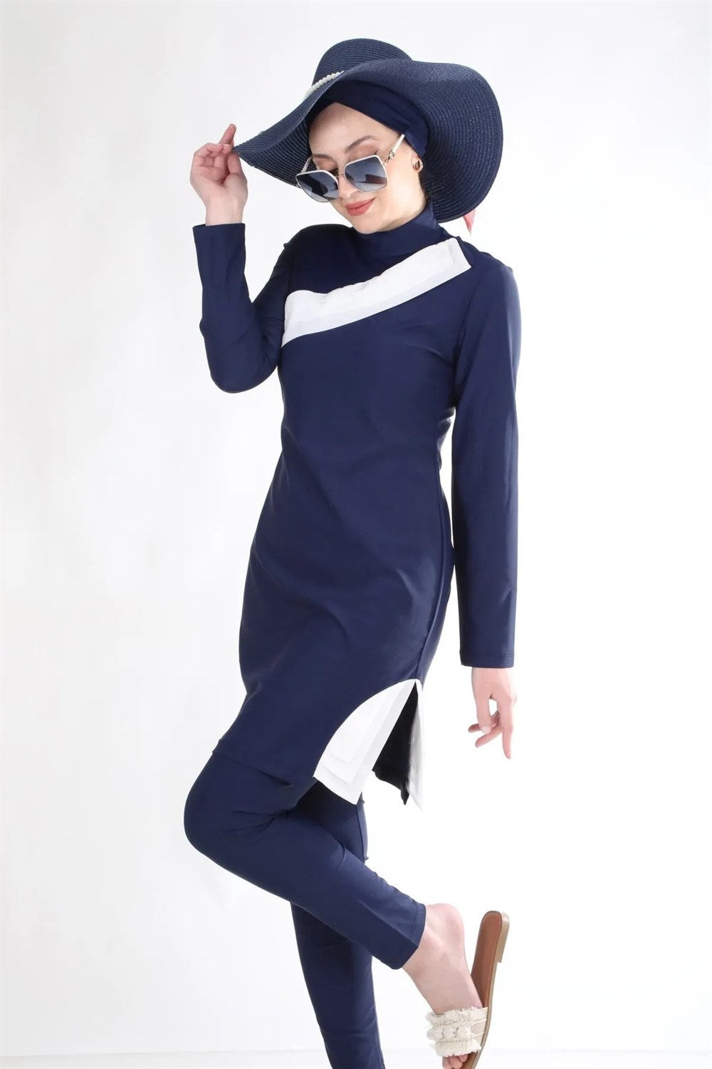 Hijab Swimsuit Set with Chiffon Detail on the Front - Navy Blue