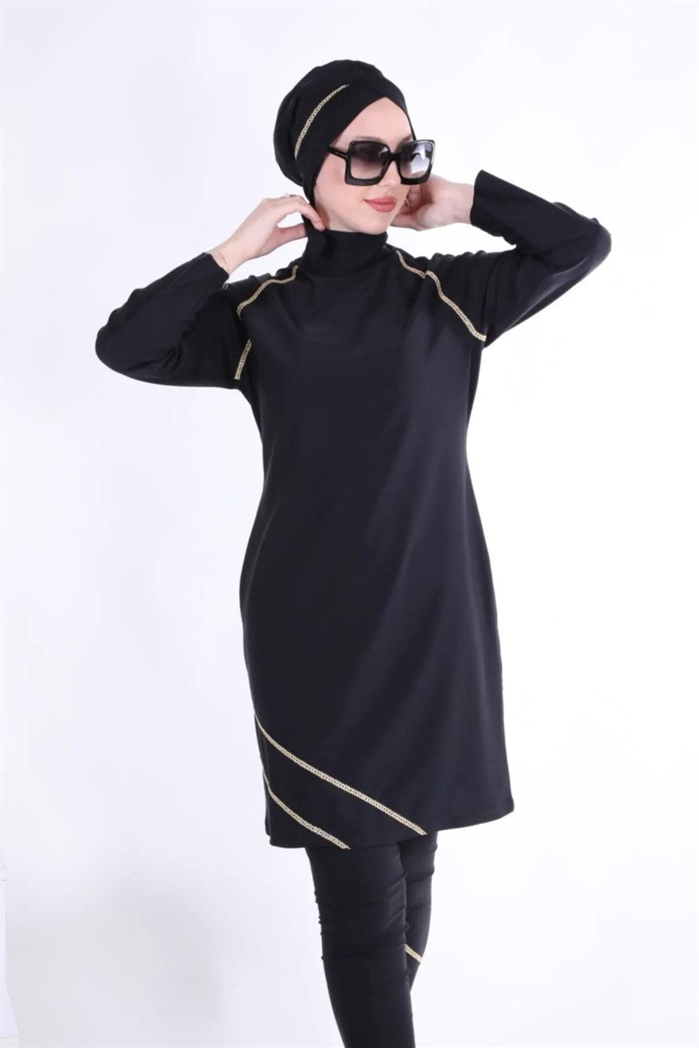 Hijab Swimsuit Set Striped - Black