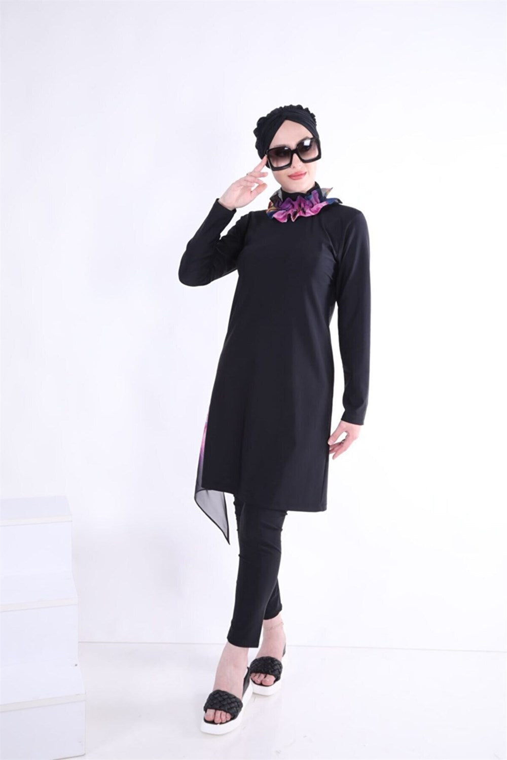 Hijab Swimsuit Set of 2 with Chiffon Sides - Black Fuchsia