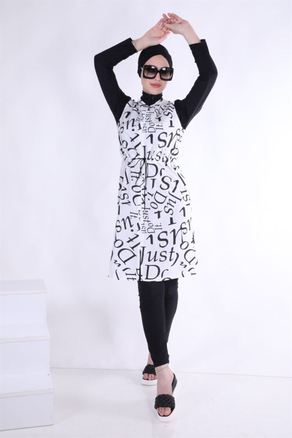 3-Piece Hijab Swimsuit Set Written Pattern Parachute Fabric - White