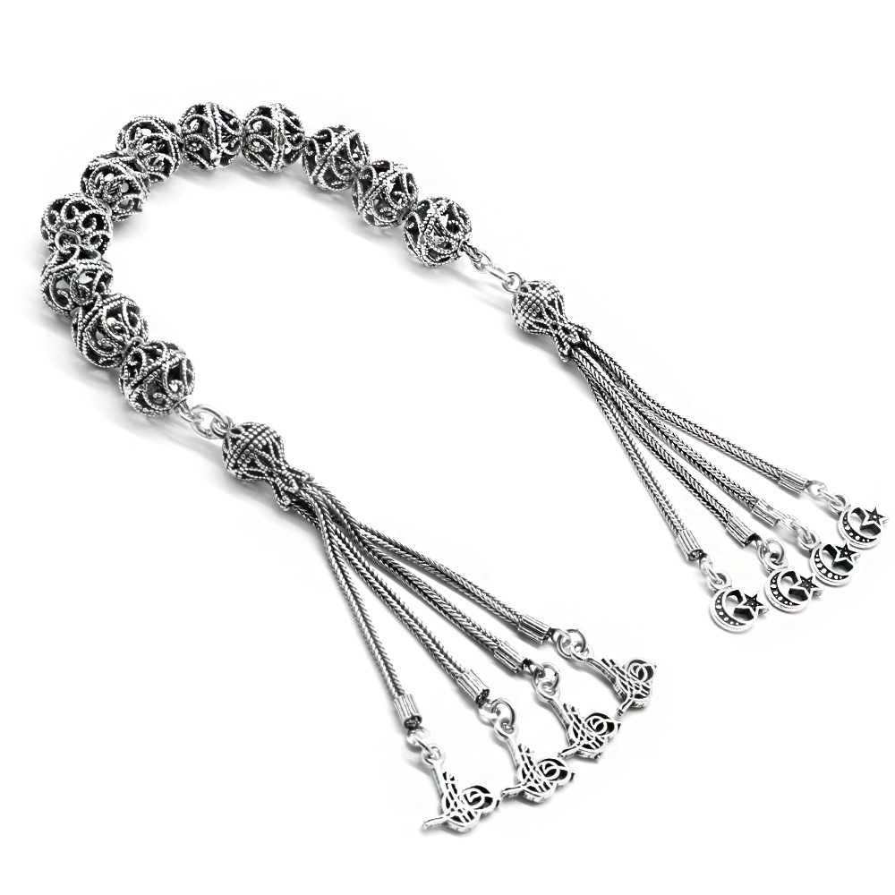 Tuğra-Ayyıldız Tasseled Filigree Design Sphere Cut 925 Sterling Silver Zaza Rosary