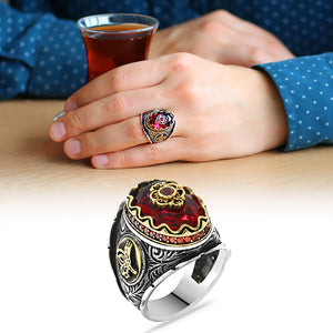 925 Sterling Silver Men's Ring with Tuğra Red Zircon Stone