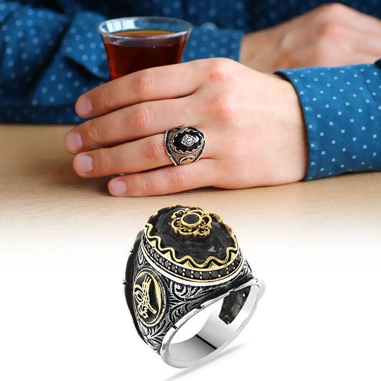 925 Sterling Silver Men's Ring with Tuğra Black Zircon Stone
