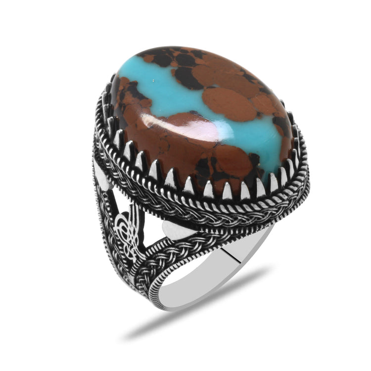 Tuğra Design Natural Arizona Turquoise Stone 925 Sterling Silver Men's Ring