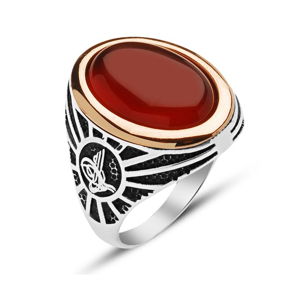 Tesbihane 925 Sterling Silver Agate Stone Ring with Monogram-2