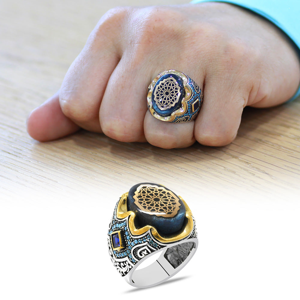 Silver Men Ring in Turquoise Amber with Anatolian Motifs