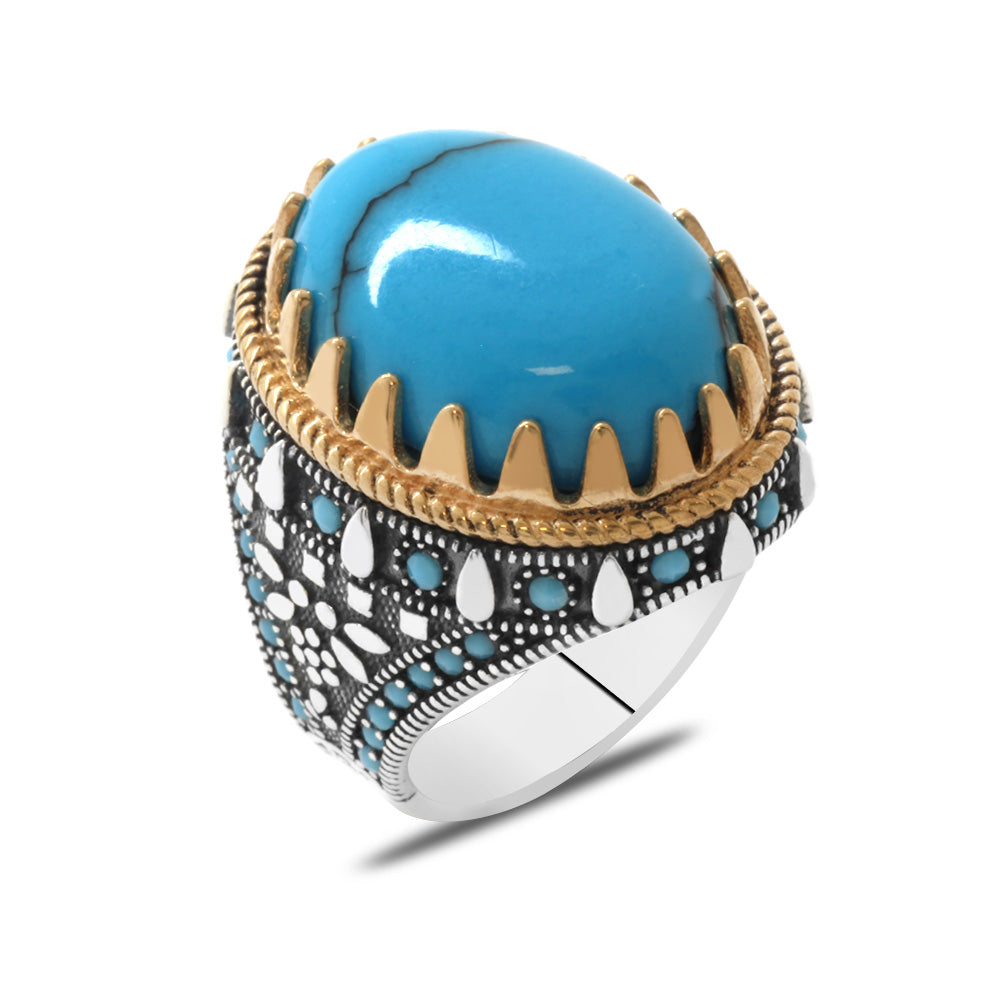 925 Sterling Silver Men's Ring with Turquoise Stones on the Sides