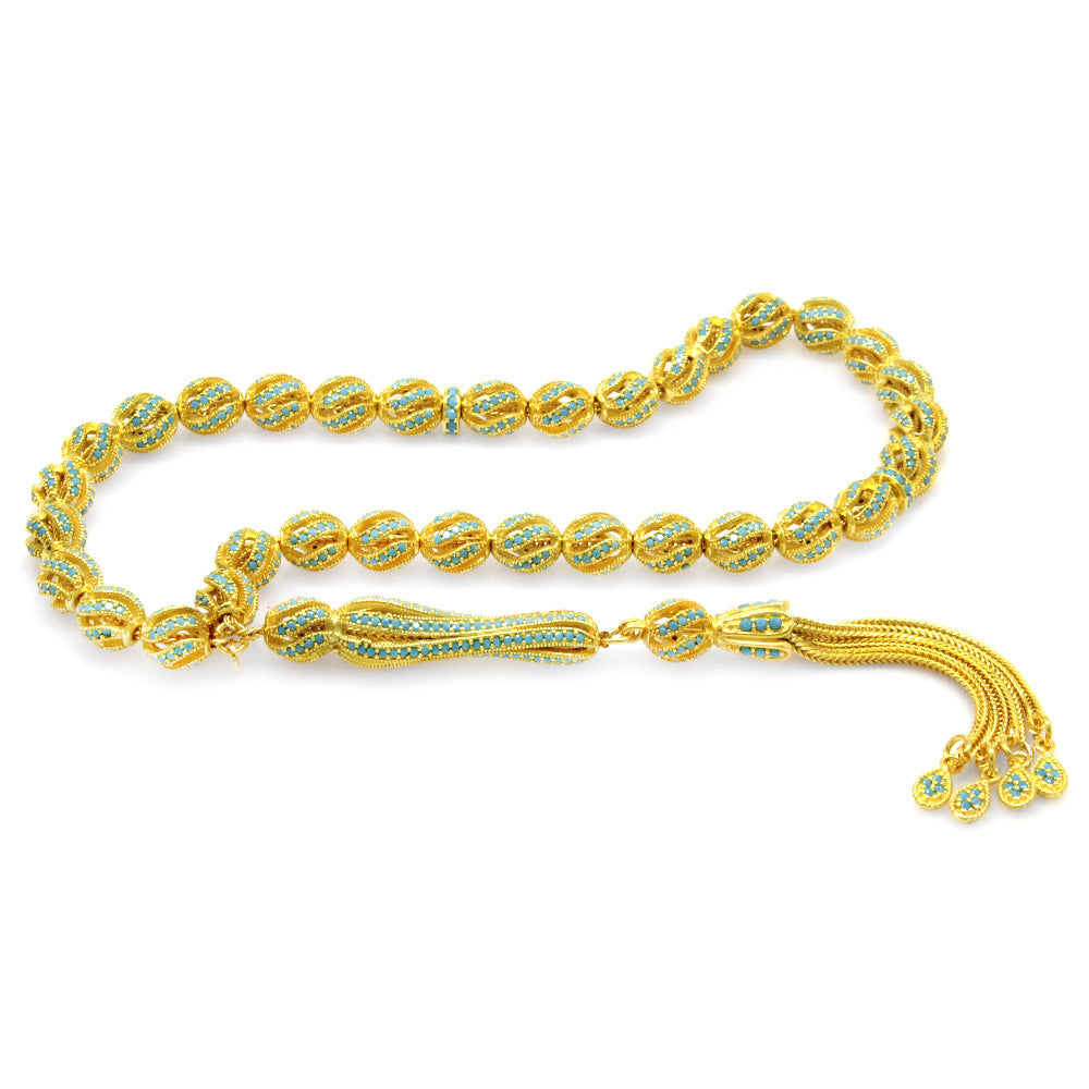 Gold Color Sterling Silver Rosary with Turquoise Zircon Stones