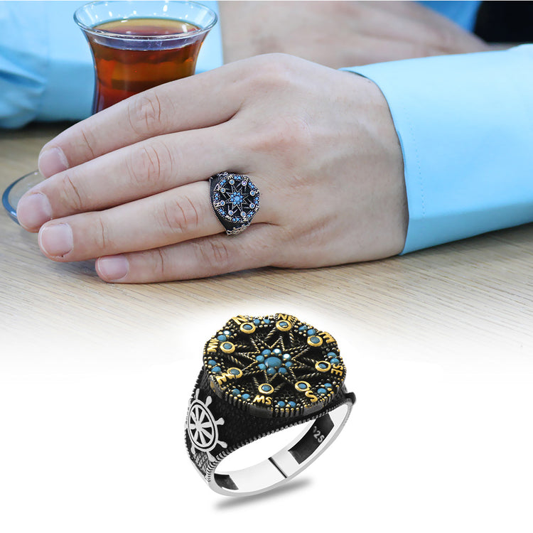 Turquoise Zircon Stone Compass Design 925 Sterling Silver Men's Ring 