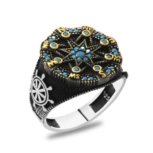 Turquoise Zircon Stone Compass Design 925 Sterling Silver Men's Ring with Anchor & Ship Wheel Detail on the Sides