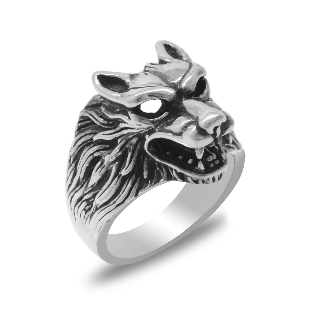 925 Sterling Silver Men Gray Wolf Ring