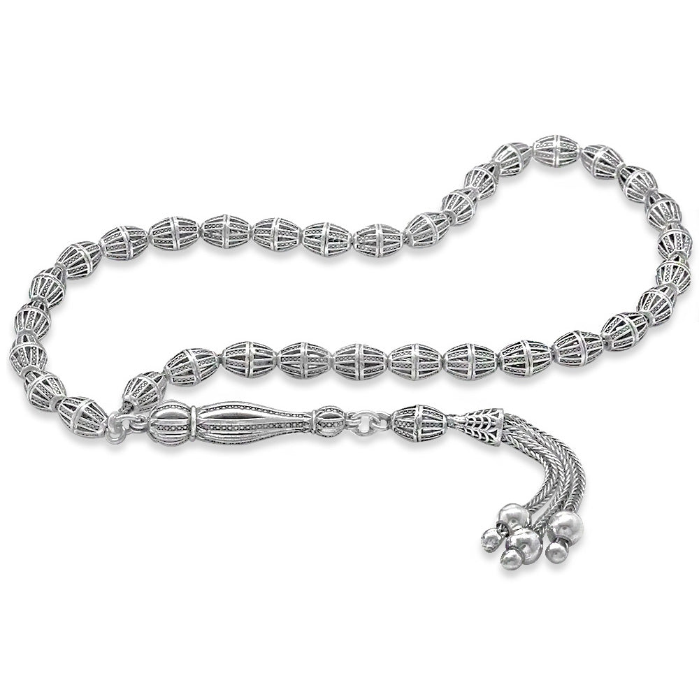 Triple Whip Tassel Lattice Design Silver Rosary