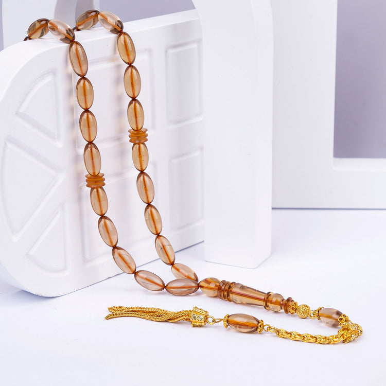 Capsule Cut Fire Amber Rosary with Yellow Silver Tassels