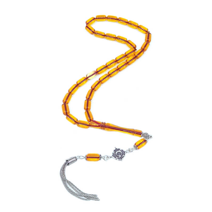 Ve Tesbih Capsule Cut Fire Amber Rosary with Silver Tassels 1