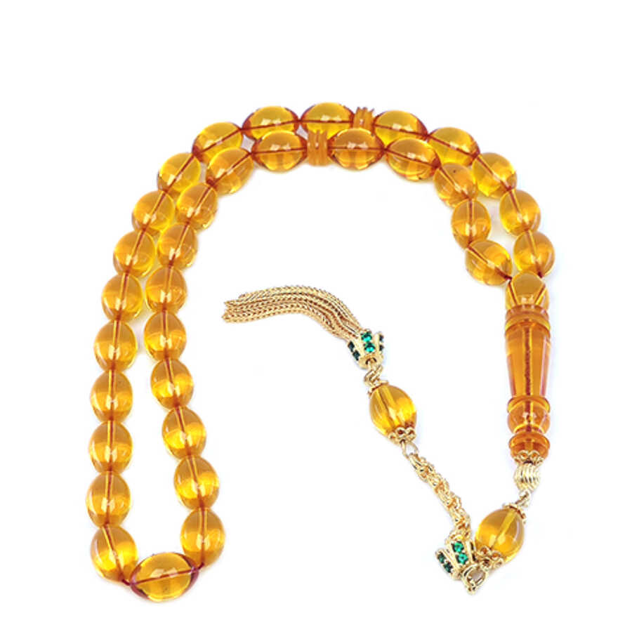 Solid Cut Fire Amber Rosary with Yellow Silver Tassels