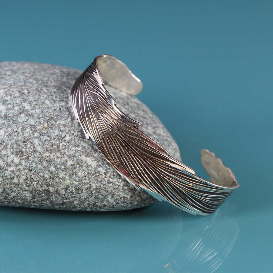 Ve Tesbih Silver Cuff Bracelet with Eagle Wing Embroidery 1