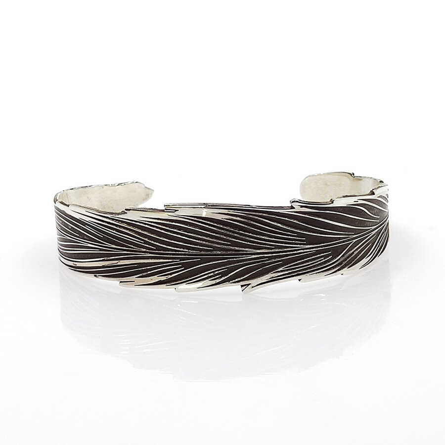 Ve Tesbih Silver Cuff Bracelet with Eagle Wing Embroidery 2