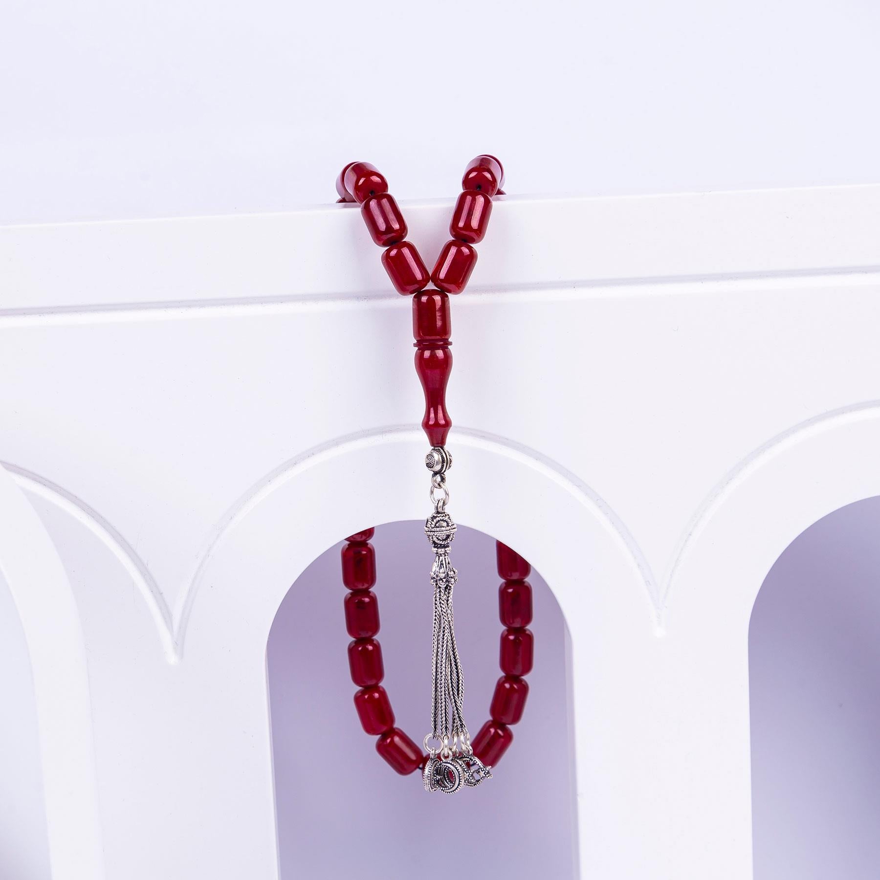 Ve Tesbih Silver Tasseled Capsule Cut Crimped Amber Rosary 2