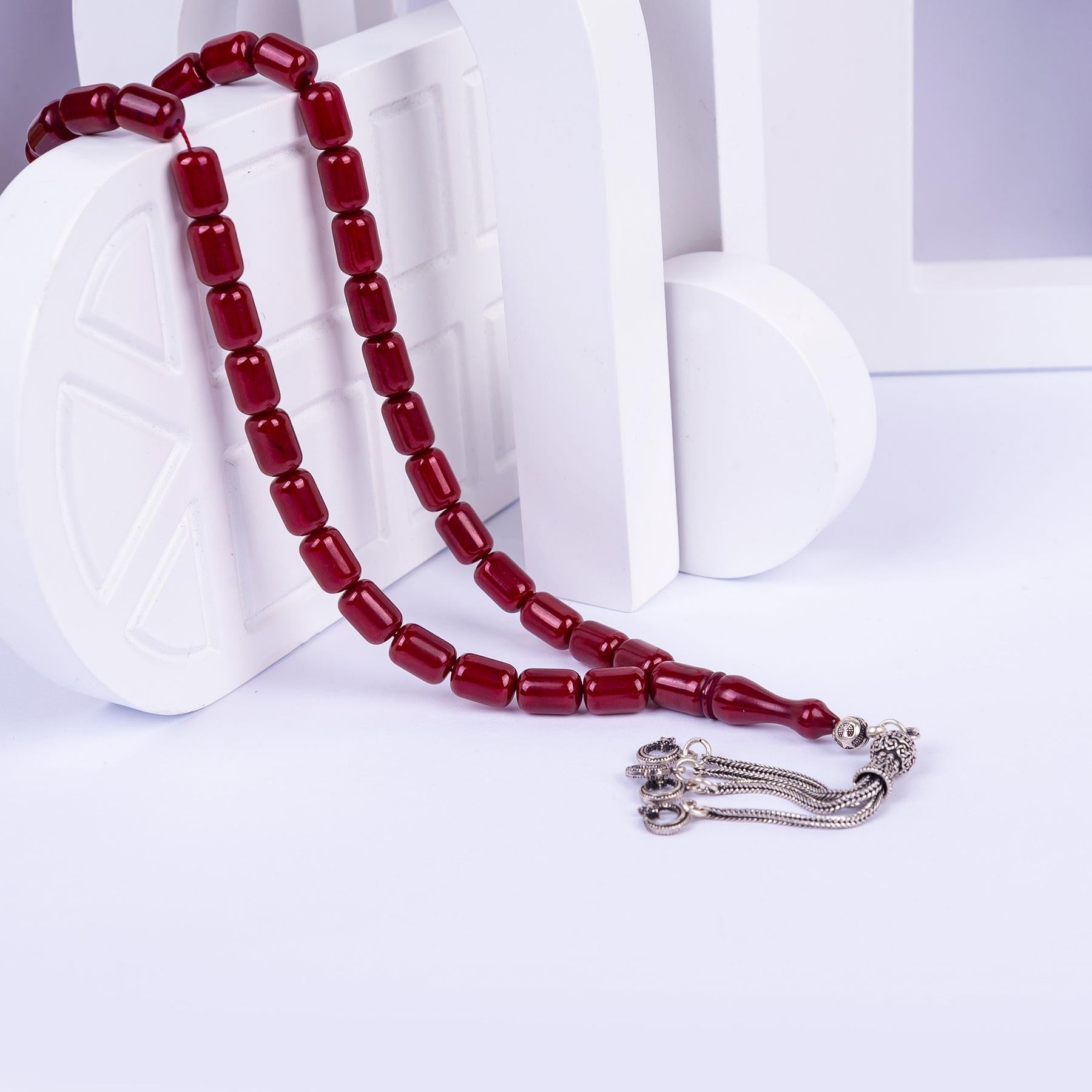 Ve Tesbih Silver Tasseled Capsule Cut Crimped Amber Rosary 1